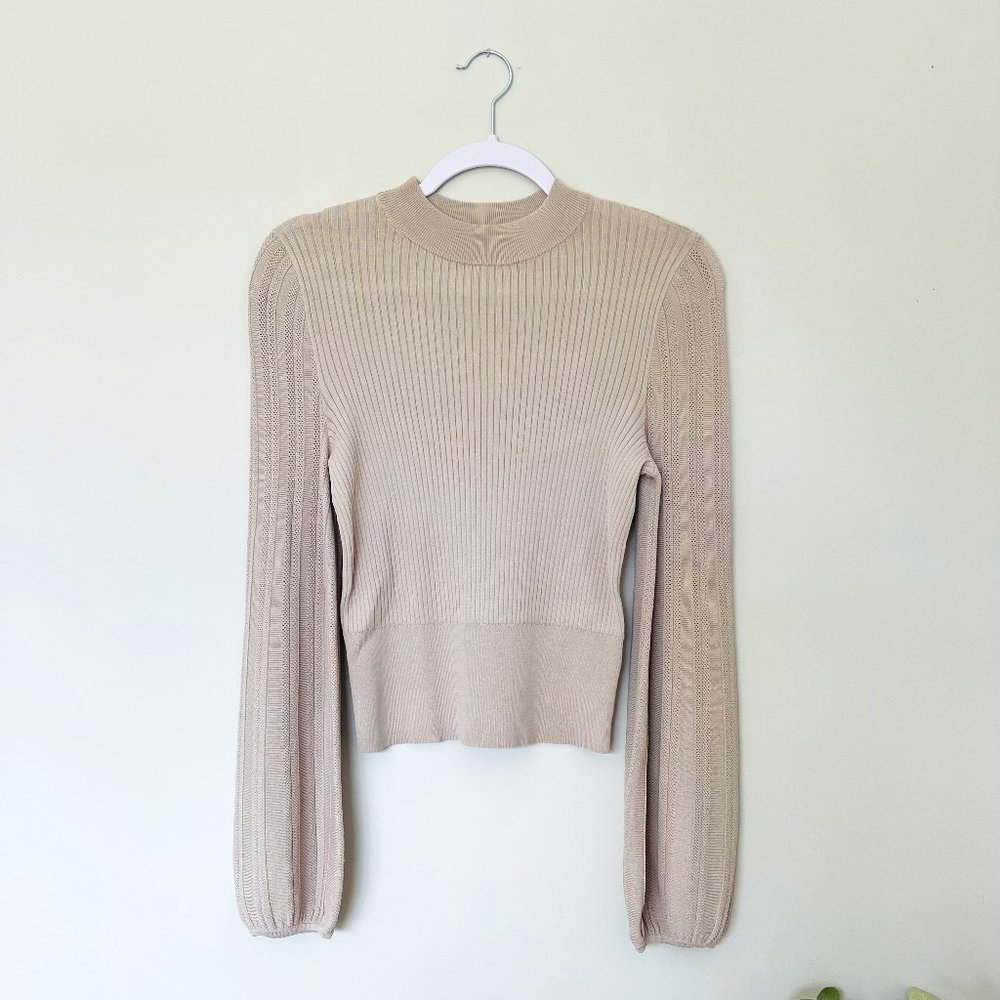 Express Mock Neck Balloon Sleeve Blouse, Beige Workwear, Women's Small